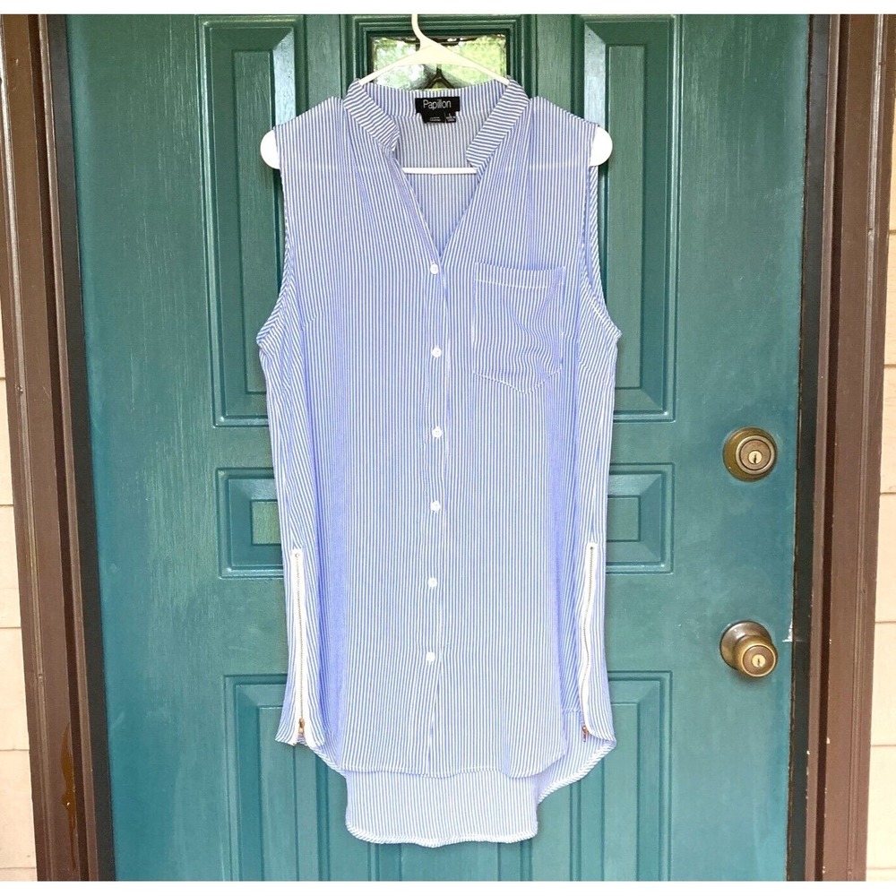 Papillon Side Zip Baby Blue Nautical Stripe Coastal Button Up Tunic Womens L $90